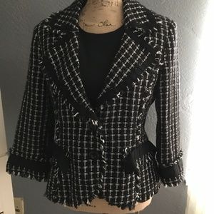 WHBM Tweed Fringe Ruffle Trim 3/4 Sleeve Blazer